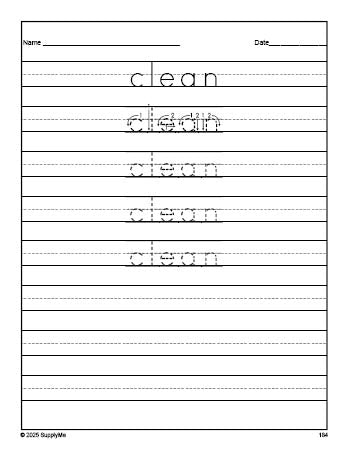 Free third grade sight word tracing worksheet, high frequency word 'clean', eighth 100 fry sight words, Dolch, PDF