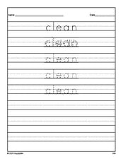 Free third grade sight word tracing worksheet, high frequency word 'clean', eighth 100 fry sight words, Dolch, PDF