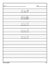 Free third grade sight word tracing worksheet, high frequency word 'cut', third 100 fry sight words, Dolch, PDF