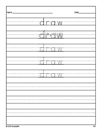 Free third grade sight word tracing worksheet, high frequency word 'draw', fourth 100 fry sight words, Dolch, PDF