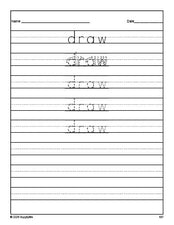 Free third grade sight word tracing worksheet, high frequency word 'draw', fourth 100 fry sight words, Dolch, PDF