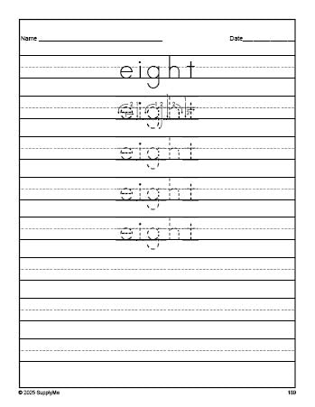 Free third grade sight word tracing worksheet, high frequency word 'eight', ninth 100 fry sight words, Dolch, PDF