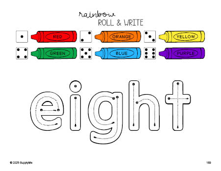 Free third grade worksheet, rainbow roll and write sight word tracing worksheet, beginner sight word for 3rd graders and high frequency word 'eight', ninth 100 fry sight words, Dolch, PDF