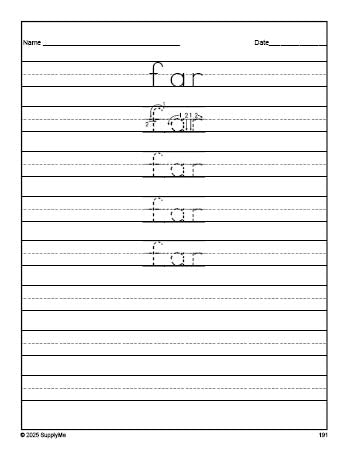 Free third grade sight word tracing worksheet, high frequency word 'far', third 100 fry sight words, Dolch, PDF