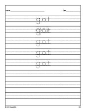 Free third grade sight word tracing worksheet, high frequency word 'got', third 100 fry sight words, Dolch, PDF