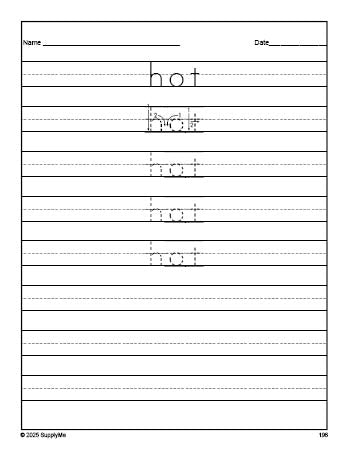 Free third grade sight word tracing worksheet, high frequency word 'hot', fifth 100 fry sight words, Dolch, PDF