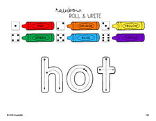 Free third grade worksheet, rainbow roll and write sight word tracing worksheet, beginner sight word for 3rd graders and high frequency word 'hot', fifth 100 fry sight words, Dolch, PDF