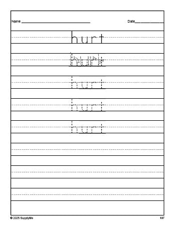 Free third grade sight word tracing worksheet, high frequency word 'hurt', Dolch, PDF