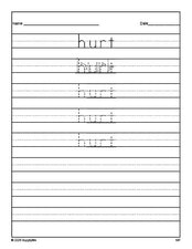 Free third grade sight word tracing worksheet, high frequency word 'hurt', Dolch, PDF