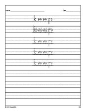 Free third grade sight word tracing worksheet, high frequency word 'keep', third 100 fry sight words, Dolch, PDF