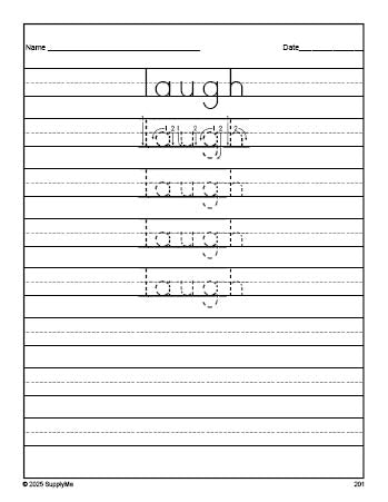 Free third grade sight word tracing worksheet, high frequency word 'laugh', Dolch, PDF