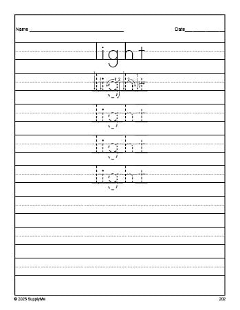 Free third grade sight word tracing worksheet, high frequency word 'light', third 100 fry sight words, Dolch, PDF