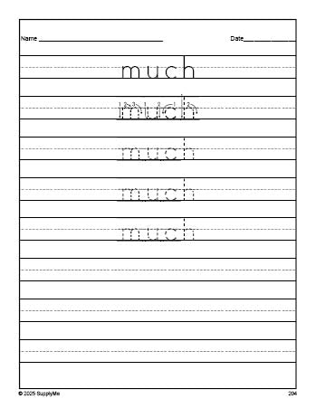 Free third grade sight word tracing worksheet, high frequency word 'much', second 100 fry sight words, Dolch, PDF