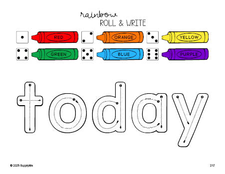 Free third grade worksheet, rainbow roll and write sight word tracing worksheet, beginner sight word for 3rd graders and high frequency word 'today', fourth 100 fry sight words, Dolch, PDF