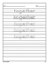 Free third grade sight word tracing worksheet, high frequency word 'together', third 100 fry sight words, Dolch, PDF