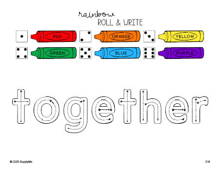 Free third grade worksheet, rainbow roll and write sight word tracing worksheet, beginner sight word for 3rd graders and high frequency word 'together', third 100 fry sight words, Dolch, PDF