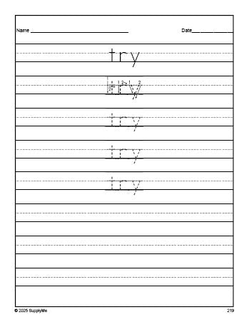 Free third grade sight word tracing worksheet, high frequency word 'try', second 100 fry sight words, Dolch, PDF