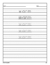 Free third grade sight word tracing worksheet, high frequency word 'warm', fifth 100 fry sight words, Dolch, PDF