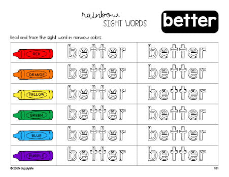 Free third grade worksheet, rainbow sight word tracing worksheet, beginner sight word for 3rd graders and high frequency word 'better', fourth 100 fry sight words, Dolch, PDF