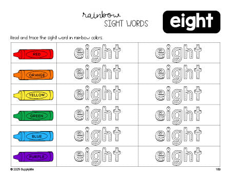 Free third grade worksheet, rainbow sight word tracing worksheet, beginner sight word for 3rd graders and high frequency word 'eight', ninth 100 fry sight words, Dolch, PDF