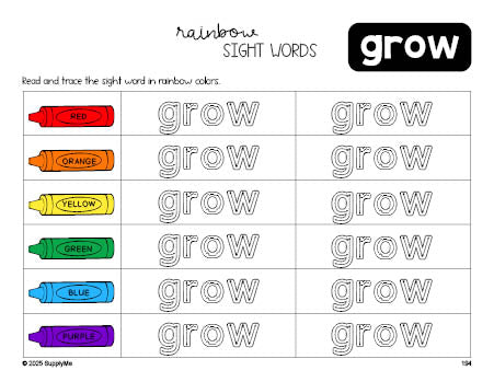 Free third grade worksheet, rainbow sight word tracing worksheet, beginner sight word for 3rd graders and high frequency word 'grow', third 100 fry sight words, Dolch, PDF