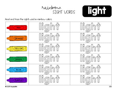 Free third grade worksheet, rainbow sight word tracing worksheet, beginner sight word for 3rd graders and high frequency word 'light', third 100 fry sight words, Dolch, PDF