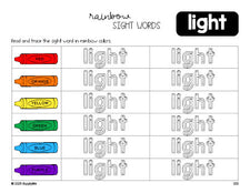 Free third grade worksheet, rainbow sight word tracing worksheet, beginner sight word for 3rd graders and high frequency word 'light', third 100 fry sight words, Dolch, PDF