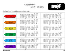 Free third grade worksheet, rainbow sight word tracing worksheet, beginner sight word for 3rd graders and high frequency word 'myself', Dolch, PDF