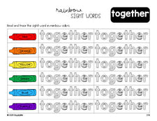 Free third grade worksheet, rainbow sight word tracing worksheet, beginner sight word for 3rd graders and high frequency word 'together', third 100 fry sight words, Dolch, PDF