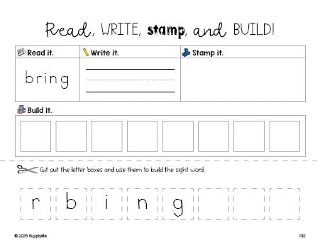 Free third grade worksheet, read, write, stamp, and build the beginner sight word for 3rd graders and high frequency word 'bring', fifth 100 fry sight words, Dolch, PDF