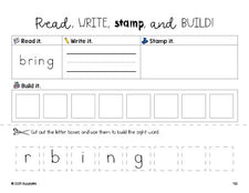 Free third grade worksheet, read, write, stamp, and build the beginner sight word for 3rd graders and high frequency word 'bring', fifth 100 fry sight words, Dolch, PDF