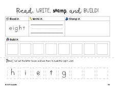 Free third grade worksheet, read, write, stamp, and build the beginner sight word for 3rd graders and high frequency word 'eight', ninth 100 fry sight words, Dolch, PDF