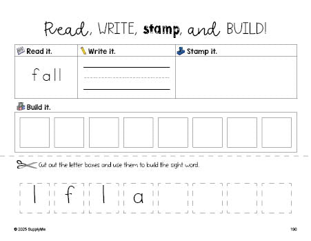 Free third grade worksheet, read, write, stamp, and build the beginner sight word for 3rd graders and high frequency word 'fall', fourth 100 fry sight words, Dolch, PDF