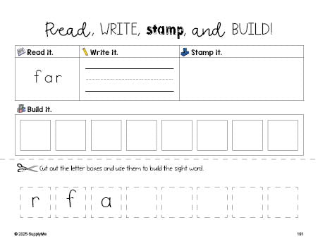 Free third grade worksheet, read, write, stamp, and build the beginner sight word for 3rd graders and high frequency word 'far', third 100 fry sight words, Dolch, PDF