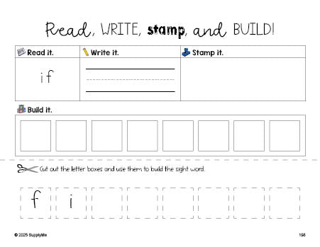 Free third grade worksheet, read, write, stamp, and build the beginner sight word for 3rd graders and high frequency word 'if', first 100 fry sight words, Dolch, PDF