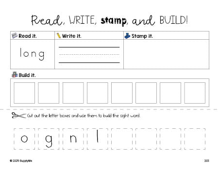 Free third grade worksheet, read, write, stamp, and build the beginner sight word for 3rd graders and high frequency word 'long', first 100 fry sight words, Dolch, PDF