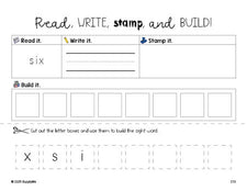 Free third grade worksheet, read, write, stamp, and build the beginner sight word for 3rd graders and high frequency word 'six', fifth 100 fry sight words, Dolch, PDF