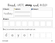 Free third grade worksheet, read, write, stamp, and build the beginner sight word for 3rd graders and high frequency word 'today', fourth 100 fry sight words, Dolch, PDF