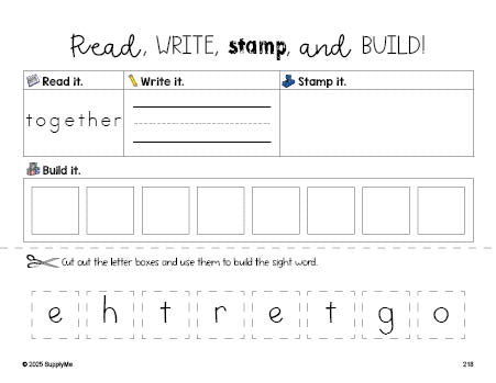 Free third grade worksheet, read, write, stamp, and build the beginner sight word for 3rd graders and high frequency word 'together', third 100 fry sight words, Dolch, PDF