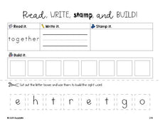 Free third grade worksheet, read, write, stamp, and build the beginner sight word for 3rd graders and high frequency word 'together', third 100 fry sight words, Dolch, PDF