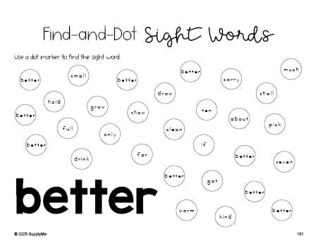 Free third grade worksheet, sight word dot marker printable coloring page, beginner sight word for 3rd graders and high frequency word 'better', fourth 100 fry sight words, Dolch, PDF