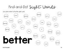 Free third grade worksheet, sight word dot marker printable coloring page, beginner sight word for 3rd graders and high frequency word 'better', fourth 100 fry sight words, Dolch, PDF