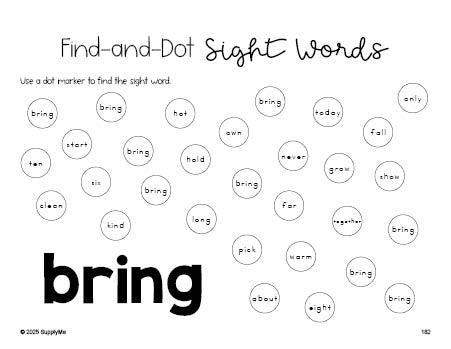 Free third grade worksheet, sight word dot marker printable coloring page, beginner sight word for 3rd graders and high frequency word 'bring', fifth 100 fry sight words, Dolch, PDF