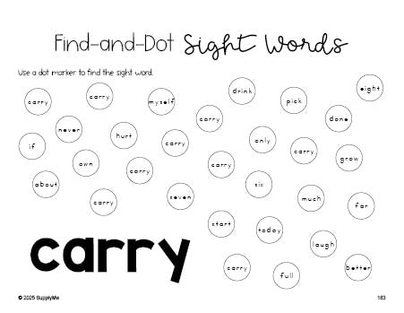 Free third grade worksheet, sight word dot marker printable coloring page, beginner sight word for 3rd graders and high frequency word 'carry', third 100 fry sight words, Dolch, PDF