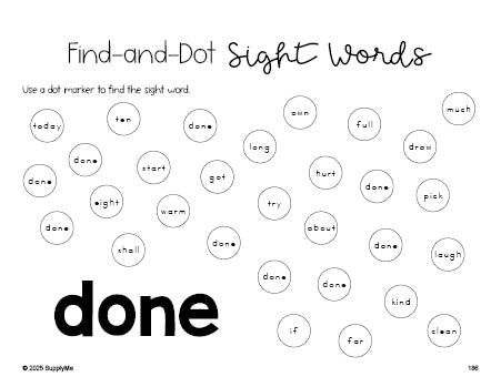 Free third grade worksheet, sight word dot marker printable coloring page, beginner sight word for 3rd graders and high frequency word 'done', fifth 100 fry sight words, Dolch, PDF