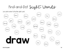 Free third grade worksheet, sight word dot marker printable coloring page, beginner sight word for 3rd graders and high frequency word 'draw', fourth 100 fry sight words, Dolch, PDF