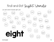 Free third grade worksheet, sight word dot marker printable coloring page, beginner sight word for 3rd graders and high frequency word 'eight', ninth 100 fry sight words, Dolch, PDF