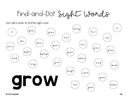 Free third grade worksheet, sight word dot marker printable coloring page, beginner sight word for 3rd graders and high frequency word 'grow', third 100 fry sight words, Dolch, PDF