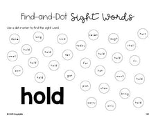 Free third grade worksheet, sight word dot marker printable coloring page, beginner sight word for 3rd graders and high frequency word 'hold', fourth 100 fry sight words, Dolch, PDF