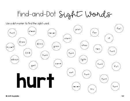 Free third grade worksheet, sight word dot marker printable coloring page, beginner sight word for 3rd graders and high frequency word 'hurt', Dolch, PDF